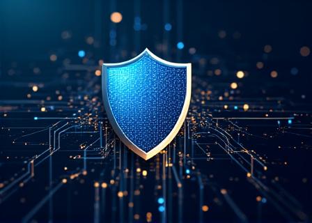 Icona digitale a forma di scudo su uno sfondo astratto di cavi di rete marittimi